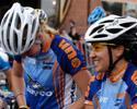 (Click for larger image) Jayco/VIS riders  Apryl Eppinger (R) and Peta Mullens share a joke on the startline in Burnie.