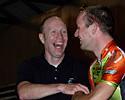 (Click for larger image) Evan Oliphant (R)  receives congratulations from a happy coach Graeme Herd after winning the Kym Smoker Memorial Wheelrace