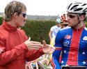 (Click for larger image) American Jame Carney (L ) offers advice to team-mate Elliot Gaunt before the final of the Latrobe Wheelrace.
