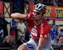 (Click for larger image) Christian Ladermann  of Germany seals the A Grade scratch race with a kiss.