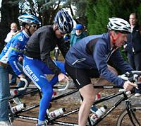 (Click for larger image) Oenone Wood, Mick Rogers and Stephen Hodge go for a spin on a triplet