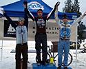 (Click for larger image) The men's series podium (l-r): Josh Squire (3rd), Morgan Schmitt (1st) and Rich McClung (2nd)