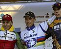 (Click for larger image) The elite men's podium (L to R): Enrico Franzoi (2nd), Sven Nys (1st), and Petr Dlask (3rd)