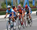 (Click for larger image) A three rider breakaway escaped early with Champion System's Joe Papp (center) winning most of the sprint points and moving into second overall in the Sprint Competition.