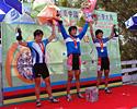 (Click for larger image) Stage 8 podium (L to R): Taiji Nishitani (3rd), Kin San Wu (1st), and Kam Po Wong (3rd)