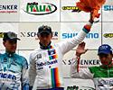 (Click for larger image) The elite men's podium (l-r): Erwin Vervecken (Fidea), Sven Nijs (Rabobank), Enrico Franzoi (Lampre Caffita)