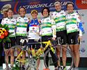 (Click for larger image) World Cup champion team:  Lorian Graham, Natalie Bates, Oenone Wood, Olivia Gollan, Amy Gillett (RIP), and Margaret Hemsley on the podium at the Rund um die N�rnberger Altstadt in September 2004.
