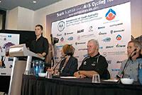 (Click for larger image) Today's launch of the SouthAustralia.com - AIS Cycling Team  at Adelaide's Hilton Hotel attracted many dignitaries, including Brad McGee, Hon Jane Lomax-Smith, Peter Bartels and Brian Stephens.