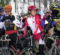 (Click for larger image) Lyne Bessette (cyclocrossworld.com-louisgarneau) warms up by riding with the Men's B race