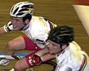 (Click for larger image) Mark Cavendish grits his teeth as Rob Hayles throws him in to the Madison
