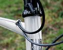 (Click for larger image) Chris King's NothreadSet headset  keeps the carbon steerer on the Alpha Q fork locked into the Vanilla steel head-tube. The frame is was built with a 58cm seat-tube and 58cm top-tube (C-C).