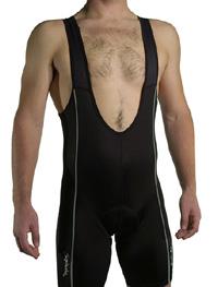(Click for larger image) Spiuk Top Ten bib shorts  - excellent materials and build quality, but tester Steve (unlike model Les here) could have used longer bibs to reach all the way up to his shoulders.