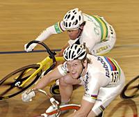 (Click for larger image) Teun Mulder (Netherlands) and Shane Kelly (Australia) duke it out in the Keirin