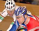 (Click for larger image) Jamie Staff (Great Britain) and Shane John Kelly (Australia) get up close and personal in the keirin
