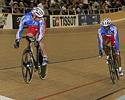 (Click for larger image) Bourgain leads Bauge in front of a packed ADT Center Velodrome