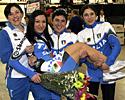(Click for larger image) Italian celebrations   - Monia Baccaille, Giorgia Bronzini and Annalisa Cucinotta lift Elisa Frisoni after getting her bronze medal 