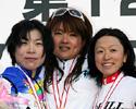 (Click for larger image) The women's podium  (l-r), 2nd Michiko Shimura (Equipe Azumino), 1st Eiko Toyooka (masahikomifune.com CyclingTeam), 3rd Ikumi Tajika (Godd Hill)