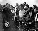(Click for larger image) John Sinibaldi accepting the trophy for winning a 100km race in New Jersey in 1936. 