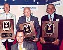 (Click for larger image) John Sinibaldi (far right) at the 1997 US Bicycle Hall of fame induction. Also inducted that year were (back row) George Mount, Jim Ochowicz, Arnie Uhrlass and Frank Connell; Front row: Sean Petty  and Team 7 Eleven, represented by Jeff Pierce.