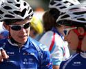(Click for larger image) Katie Bates (NSW) talks tactics with Oenone Wood (ACT) at the start line