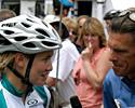 (Click for larger image) Alexis Rhodes (Pitcher Partners) chats with Phil 'Skippy' Anderson before the women's race in Williamstown