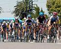 (Click for larger image) The field in the women's criterium makes its way along the hot-dog circuit at the Docklands