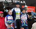 (Click for larger image) The women's podium (l to r): Verena Strohmer (2nd), Loes Gunnewijk (Cyclo Xteam Kampen-Holland, 1st) and Anne Bertram (3rd)