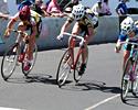 (Click for larger image) The women power to the line in the women's wheel race. (l-r): Alitta Laskey (2nd), Karissa Ling (1st) and Janelle Smith (3rd)