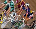 (Click for larger image) Argy bargy between Matthew Wood and Chris Simonelli in the Keirin repechage