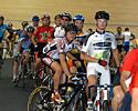 (Click for larger image) Riders line up for the first event: Motorpaced scratch race