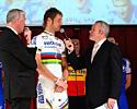 (Click for larger image) Tom Boonen interviewed as Lefevere looks on