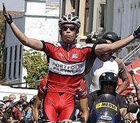 (Click for larger image) Jonathan Clarke (Portfolio Partners) wins stage one in Williamstown with a happy crew-member  in the background