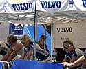 (Click for larger image) The girls from Team Volvo  warm up on the rollers prior to racing in Portarlington