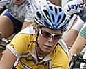 (Click for larger image) Belinda Goss (Volvo)  in her series leader's yellow jersey in the thick of it at Geelong