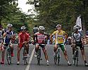 (Click for larger image) The top-ten so far in the men's series line up  on the startline in the Geelong Botanical Gardens.