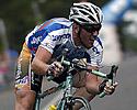 (Click for larger image) Sean Finning (Jayco VIS) leans his Bianchi into a bend in the Geelong Botanical Gardens.